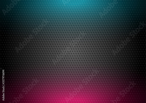 Dark perforated tech background with glowing neon illumination. Vector design