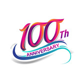 100th anniversary celebration logotype blue and red colored. Birthday logo on white background.