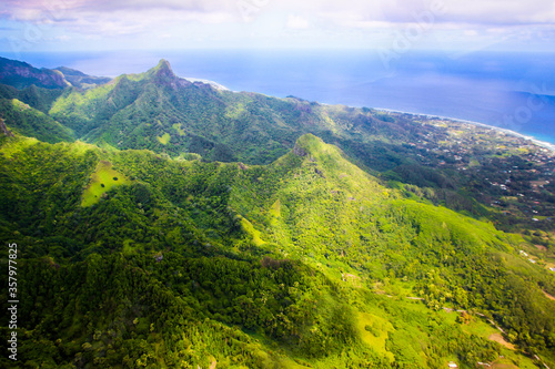 Rarotonga breathtaking stunning views from a plane of beautiful beaches, white sand, clear turquoise water, blue lagoons, Cook islands, Pacific islands