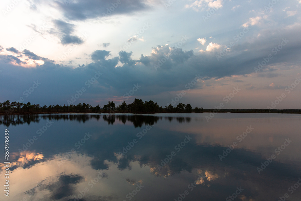 forest lake with clouds reflections
