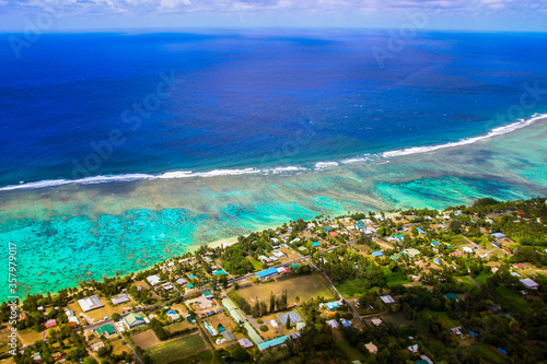 Rarotonga breathtaking stunning views from a plane of beautiful beaches, white sand, clear turquoise water, blue lagoons, Cook islands, Pacific islands