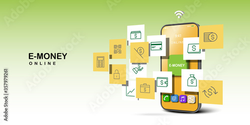 Online financial and banking management. Financial icons on smartphone. 
