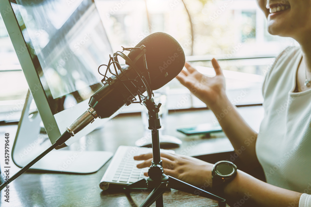 People working at home for making internet radio broadcasting channel live  streaming talking meeting or discussion closeup condenser microphone. Stock  Photo | Adobe Stock