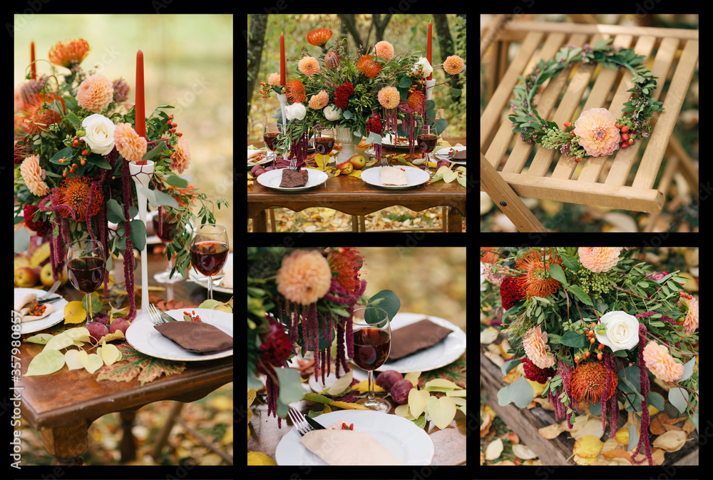 Fototapeta premium Dinning Table Set For Wedding. Autumn Flowers Table Decor, Floral Design On A Table Dinner.