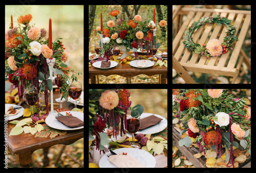 Dinning Table Set For Wedding. Autumn Flowers Table Decor, Floral Design On A Table Dinner.