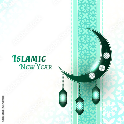 Beautiful islamic new year background with moon hanging lanterns