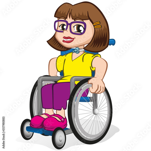 Person Physically disabled girl in a wheelchair with tracheostomy tube. Ideal for catalogs, health and institutional newsletters