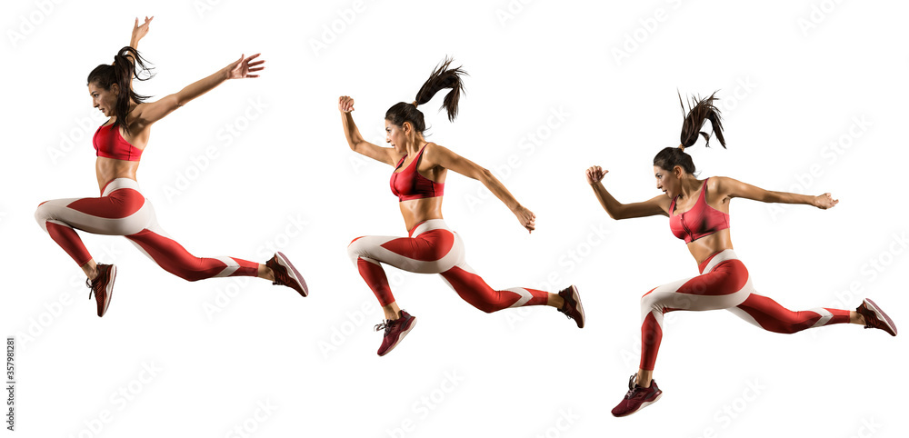 Fototapeta premium Sporty young woman running. Isolated on white background. Collage