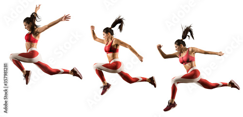 Sporty young woman running.  Isolated on white background. Collage © Andrey Burmakin