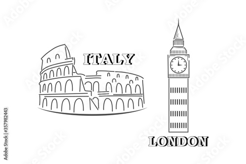 Doodle coliseum and big ben collection isolaten on white. Outline sit icon. Hand drawing line art. Sketch vector stock illustration. EPS 10