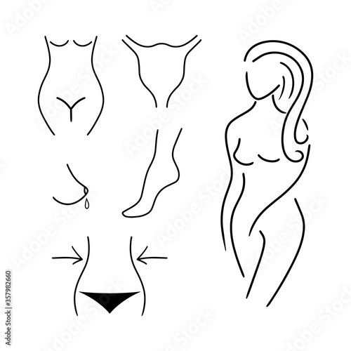 Doodle womens body set isolated on white. Hand drawing line art. Sketch anatomy. Outline vector stock illustration. EPS 10