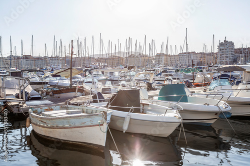 Boats in the old port in Marseille. Tourism and travel. Sunny day. Beautiful landscape.