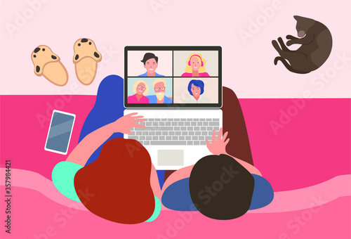 Concept of video calls. girls speaking with people online at home seen from above,. 
Video chat with family. Flat vector illustration.Coronavirus pandemic.
Video conference with family on quarantine.