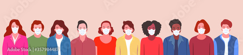 Group of people, wearing medical masks to prevent Coronavirus, covid-19 disease, 
flu, air pollution, contaminated air, world pollution. 
Vector banner illustration in a flat style