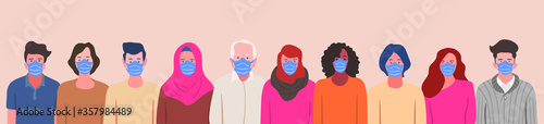 Group of people, wearing medical masks to prevent Coronavirus, covid-19 disease, 
flu, air pollution, contaminated air, world pollution. 
Vector banner illustration in a flat style
