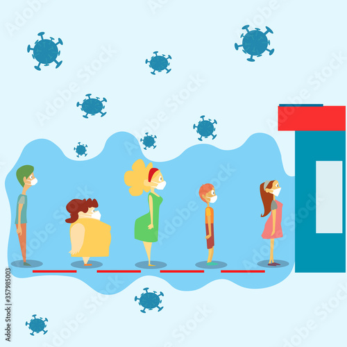 illustration vector graphic of people while queue with physical distancing and wearing mask.