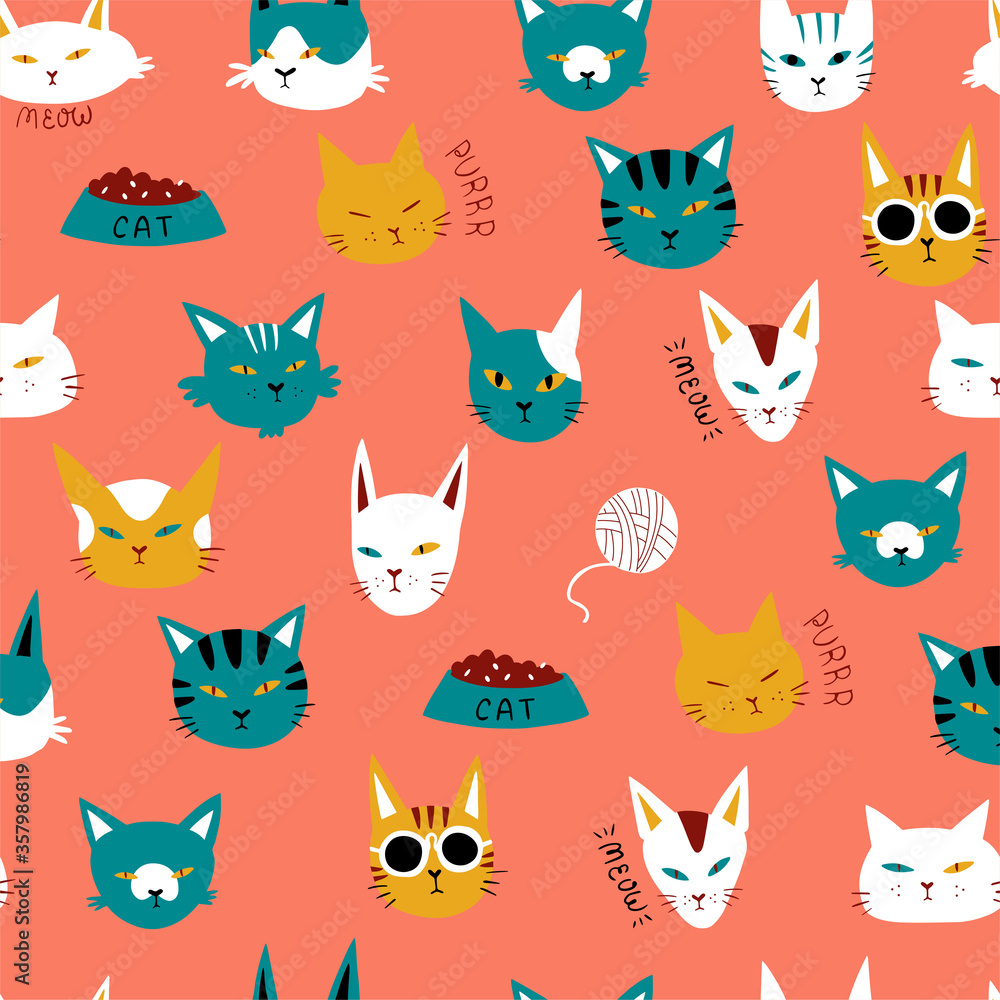 Doodle hand drawn cats seamless pattern. Vector illustration.