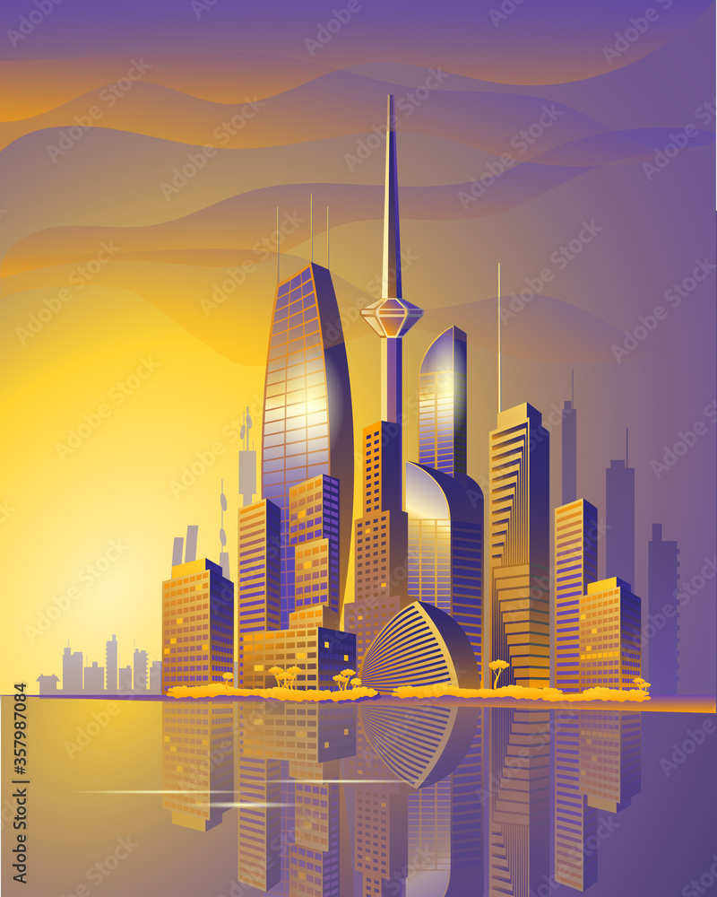 City of the future skyscrapers at dawn. Template for a vertical poster or cover. Vector illustration.