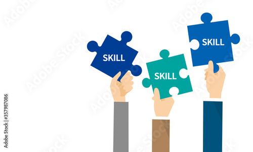 スキルと書かれたパズルを持つ手、スキルを売るイメージ