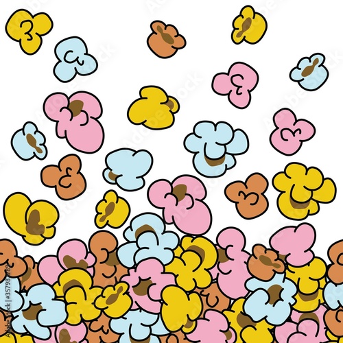 popcorn colorful doodle seamless pattern design. Plain white background. Hand drawn cartoon illustration.  