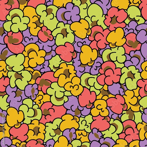 popcorn colorful doodle seamless pattern design. Plain white background. Hand drawn cartoon illustration.  