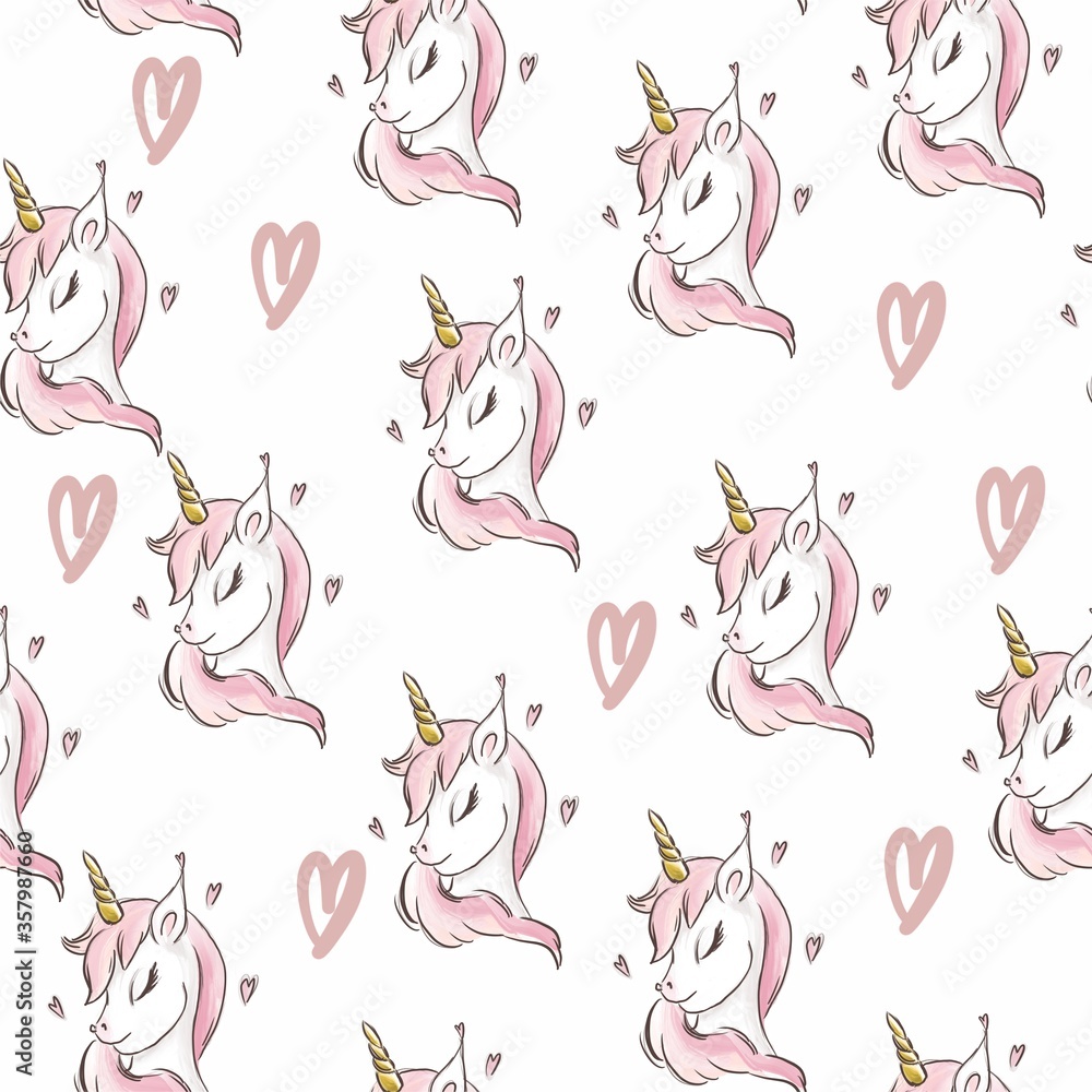 The unicorn pattern. pink. white. gray. cute. for fabrics and textiles