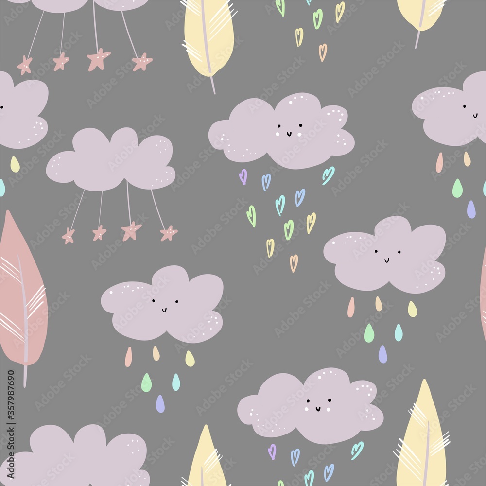 The pattern is seamless. unicorn. rainbow. cloud. cute. stars. leaves. flowers. heart. pen