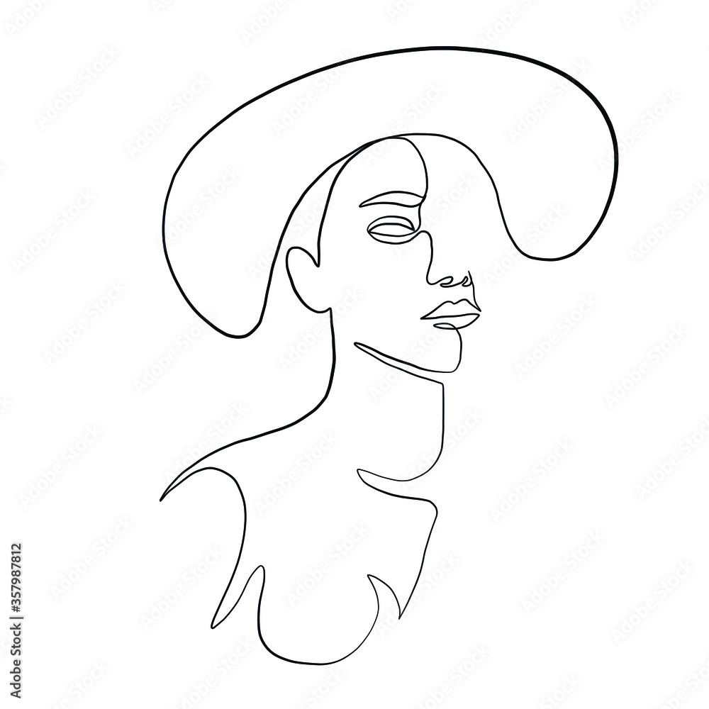 Linear glamour logo in minimal icon of girl in hat. Fashionable casual headwear. Graceful lady in headgear. Linear female beauty simple face drawn by one continuous line. Linear glamour logo in minimal icon of girl in hat. Fashionable casual headwear. Graceful lady in headgear. Linear female beauty simple face drawn by one continuous line.