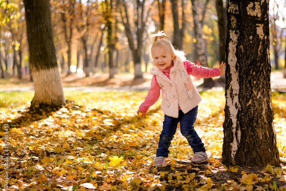 Child girl playing hide in autumn park. Child girl playing hide in autumn park.