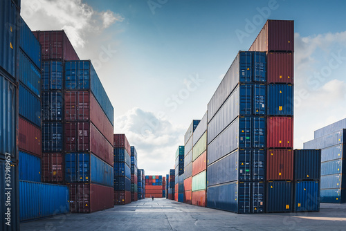 Container Cargo Port Ship Yard Storage Handling of Logistic Transportation Industry. Row of Stacking Containers of Freight Import/Export Distribution Warehouse. Shipping Logistics Transport Industrial