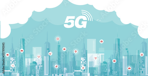 5G network wireless internet Wi-fi connection. Smart city and communication network concept. High speed, broadband telecommunication. vector design.