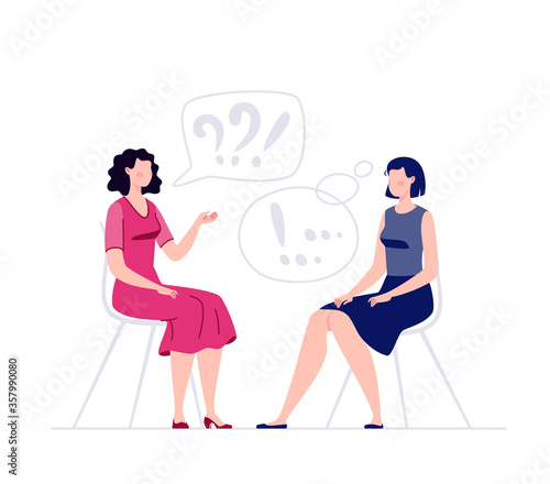 Two women are sitting and talking. Psychologist and client. Psychologist consultation. Psychotherapist. A session of psychotherapy. Vector illustration in flat cartoon style.