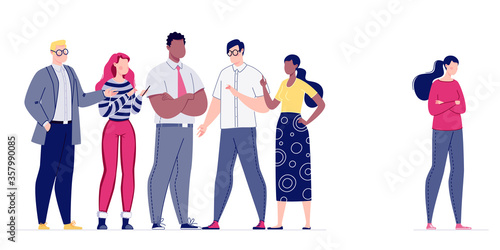Psychological pressure on the employee by the management of the company or the whole team. The staff does not accept a colleague in their team. Mobbing. Vector. Illustration in flat cartoon style.