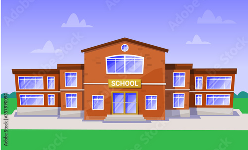 Big school with green territory schoolyard for outdoor lessons and playing games. Red building for primary and secondary education, study for children vector. Back to school concept. Flat cartoon