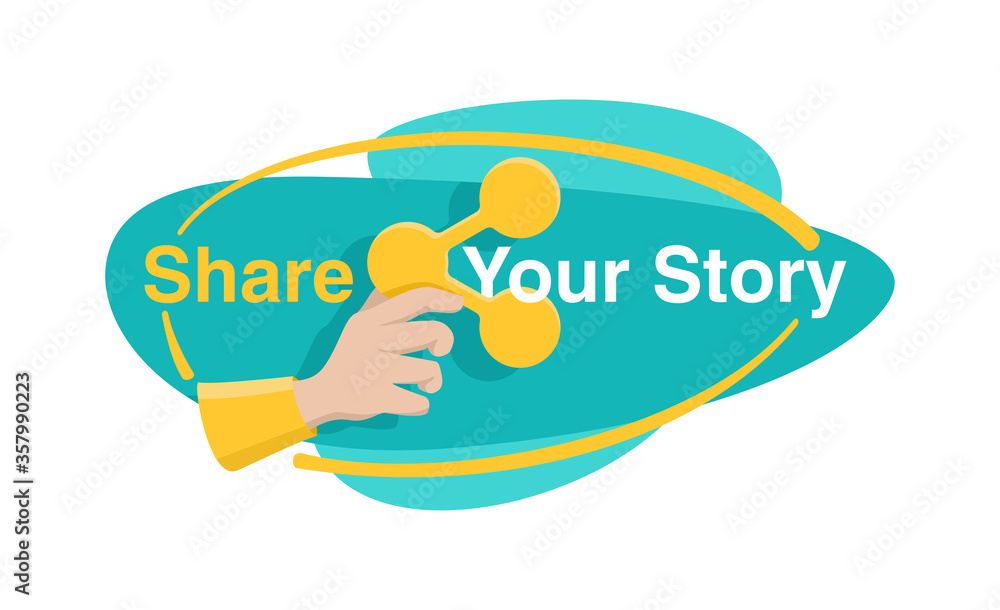 Share Your Story motivation banner template - abstract modern shape and hand holds Sharing symbol