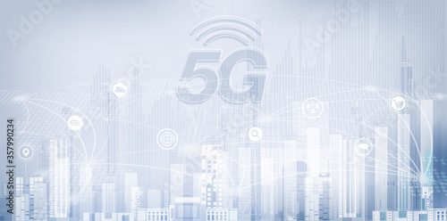 5G network wireless internet Wi-fi connection. Smart city and communication network concept. High speed, broadband telecommunication. vector design.