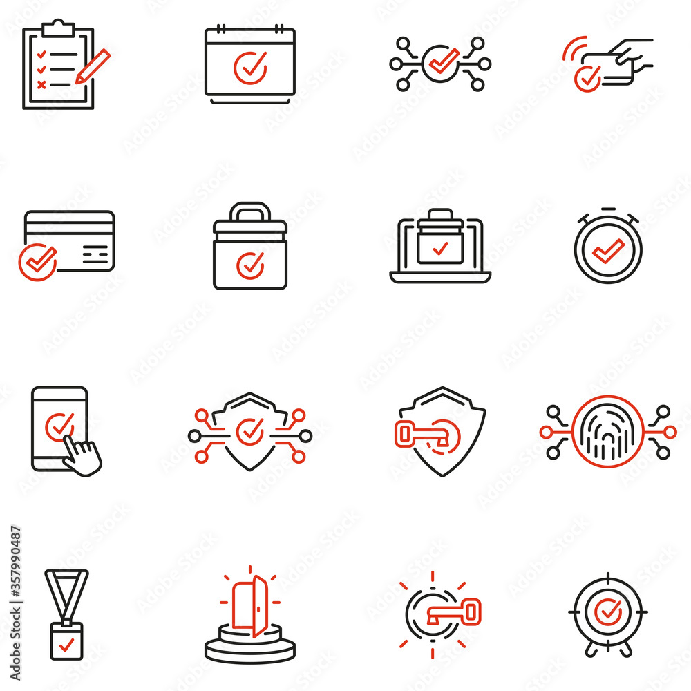 Vector Set of Linear Icons Related to Verification, Protection, Authentication, identification and Security system. Mono Line Pictograms and Infographics Design Elements