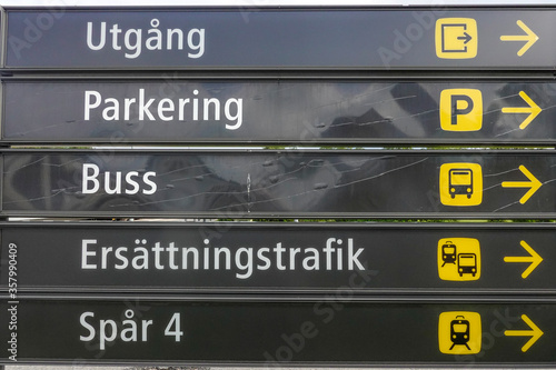 Bastutrask, Sweden Directional signs at a train station.
