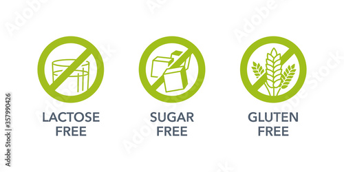 Sugar free, Gluten free, Lactose free - set of vector attention tags - food cover decoration element for healthy nutrition products packaging
