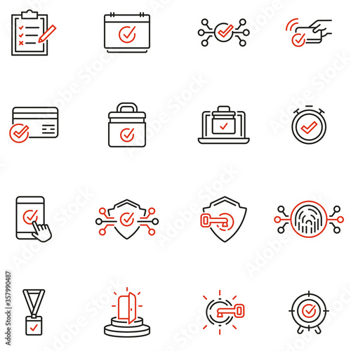 Vector Set of Linear Icons Related to Verification, Protection, Authentication, identification and Security system. Mono Line Pictograms and Infographics Design Elements