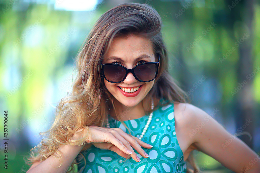 cheerful blonde in sunglasses / young beautiful girl, sunglasses, woman summer look cheerful blonde in sunglasses / young beautiful girl, sunglasses, woman summer look