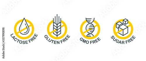 Lactose free sign, Sugar free, Gluten free, GMO free - set of vector attention tags - food packaging decoration element for healthy natural organic nutrition
