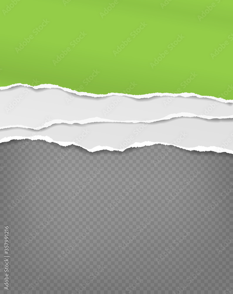 Piece of torn green and white paper with soft shadow stuck on dark grey squared background. Vector illustration