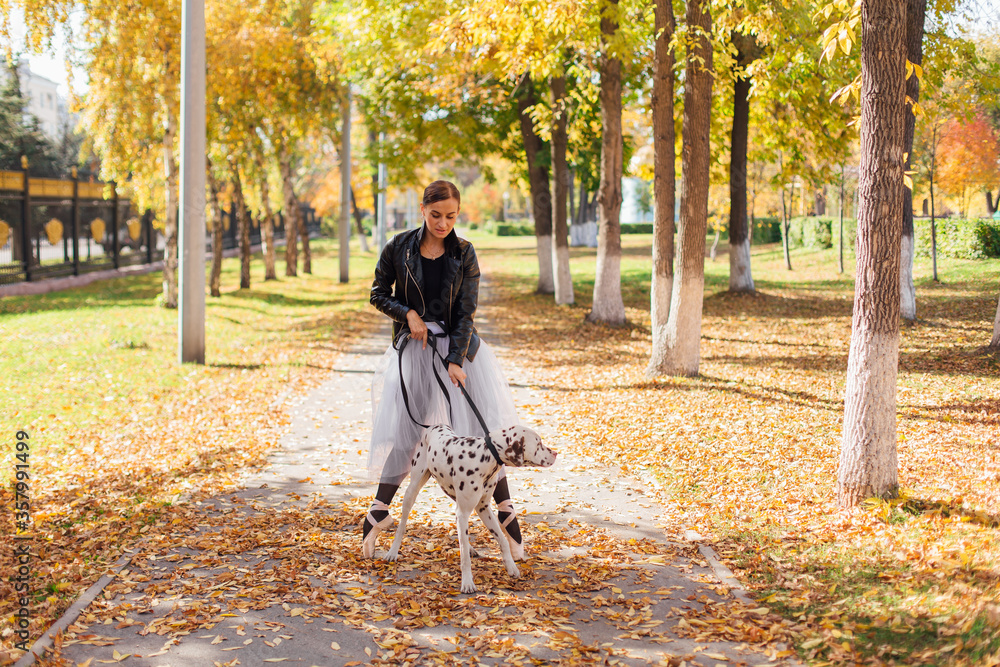 Fototapeta premium Ballerina with Dalmatian dog in the Park. Woman ballerina in a white ballet skirt and black leather jacket dancing in pointe shoes in autumn park with her spotty dalmatian dog.