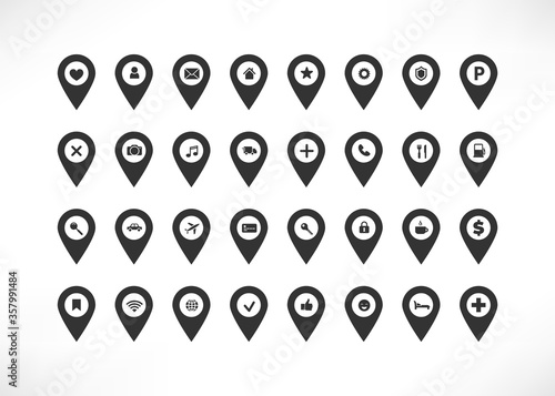 Map pointer simple black pin vector icon set. Geotag location point with home, bank, transport, travel, city, social media symbols isolated on white. Vector illustration for web, apps, infographics