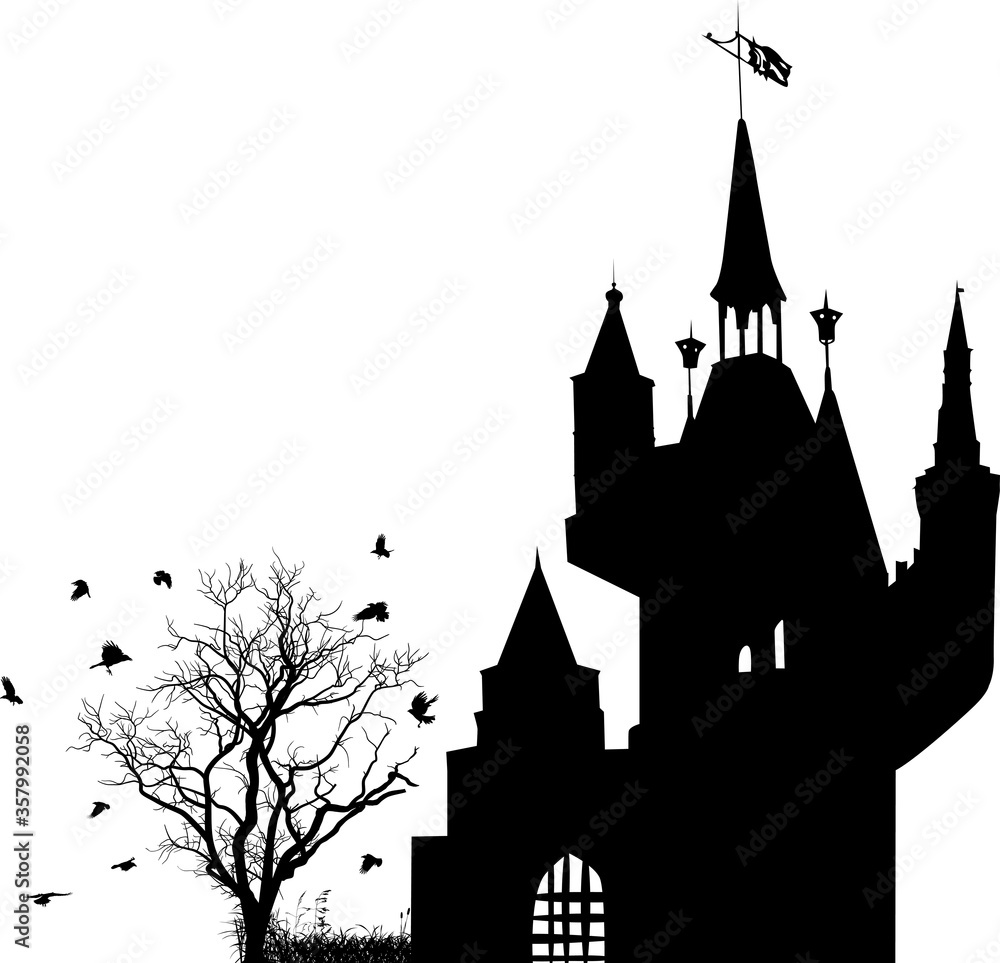 castle and crows silhouettes isolated on white