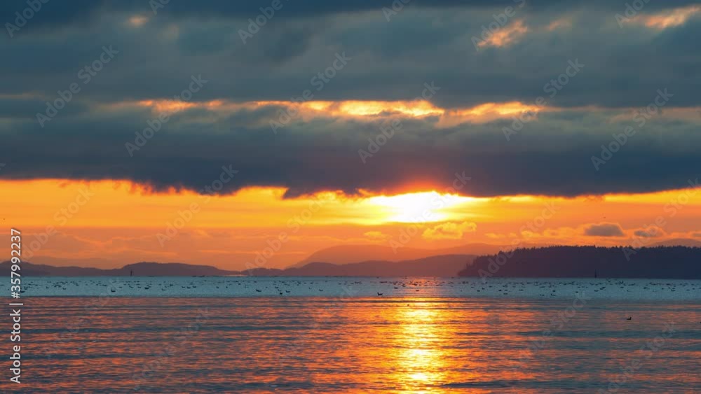 Lockdown time lapse shot of birds on sea against cloudy sky at sunset - Crescent Beach, Canada Lockdown time lapse shot of birds on sea against cloudy sky at sunset - Crescent Beach, Canada