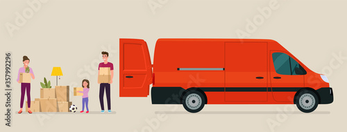 Man, woman  and girl hold boxes. Moving house. Cargo van with open door.  Vector flat style illustration.