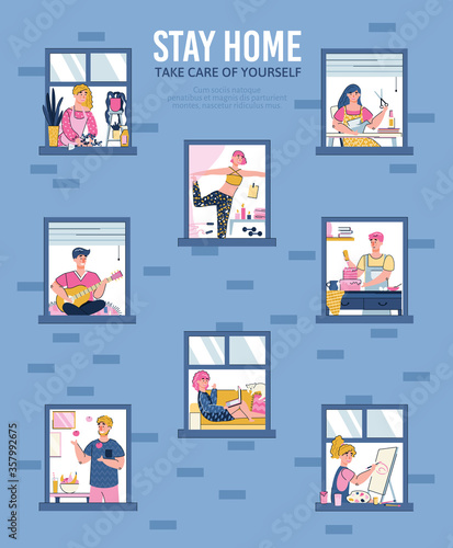 Stay home and take care of yourself - poster or banner with cartoon people characters in window frames, using home time for self-development, flat vector illustration.