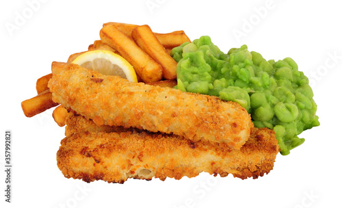 Jumbo breadcrumb covered cod fish fingers and chips meal with mushy peas isolated on a white background